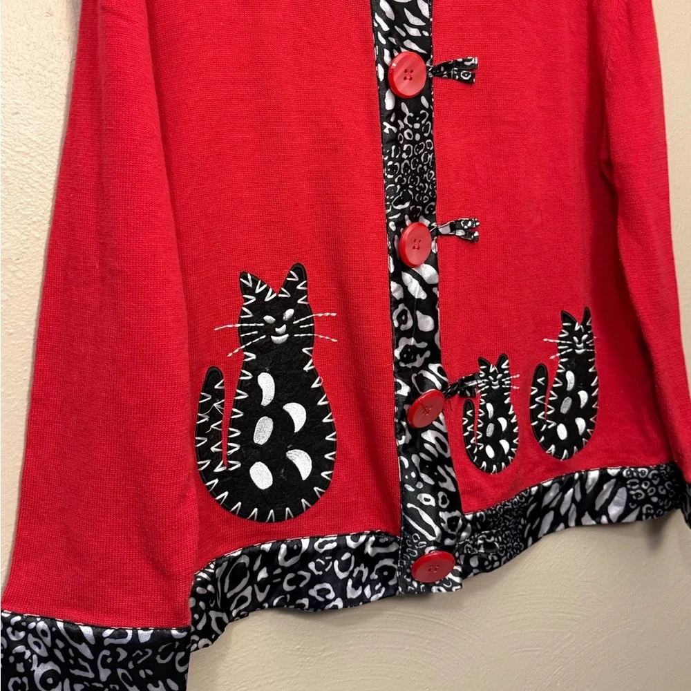 Bobbie C Vintage Red & Black Embroidered Abstract Cat Toggle Cardigan Size XL - Picture 3 of 8